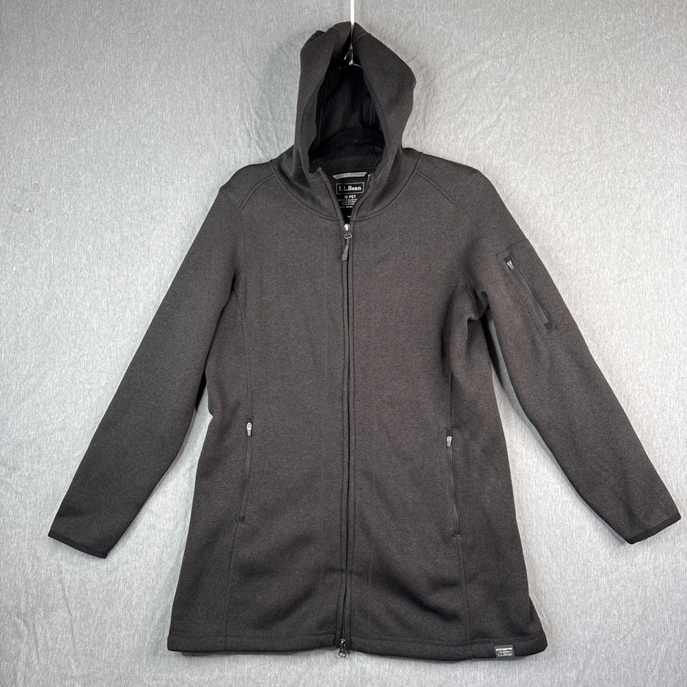 LL Bean Hoodie Sweatshirt Womens Medium Black Waffle Fleece Full Zip Jacket